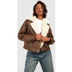 boohoo Womens Vintage Wash Faux Leather Aviator Jacket - Black