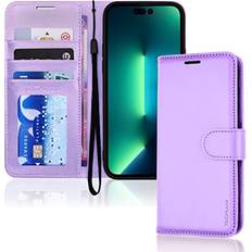 TechGear Purple Apple iPhone 14 Pro Max Leather Wallet Case, Flip Protective Cover with Wallet Card Holder, Stand and Wrist Strap PU Leather with Magnetic Closure