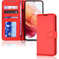 Brown Wallet Cases TechGear Red Samsung Galaxy S23 Leather Wallet Case, Flip Protective Cover with Wallet Card Holder, Stand and Wrist Strap PU Leather with Magnetic Closure