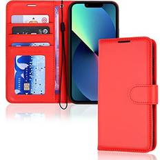 Apple iPhone 13 mini Wallet Cases TechGear Red iPhone 13 Mini Leather Wallet Case, Flip Protective Case Cover with Wallet Card Holder, Stand and Wrist Strap Black PU Leather with Magnetic Closure