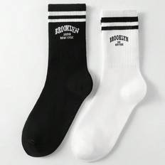 Fabric - Men Socks Shein 2pairs Men's Mid-calf Socks With Alphabet 'brooklyn' Print, Black & White 2-color Double Bars Stripes, Antimicrobial & Sweat-absorbent, Versatile & Tr