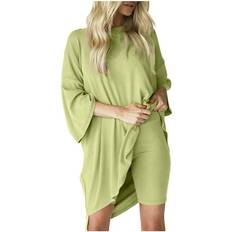 Yellow Sleepwear DeHolifer DeHolifer Women Pajamas Sets Round Neck Long Sleeve Pullover Tops with Shorts Solid Casual Piece Loungewear Set Yellow