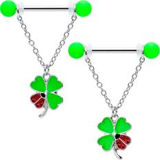 Women Body Chains Body Candy Gauge 11/16 Ladybug Shamrock Uv Glow Chain Dangle Nipple Ring Set Green