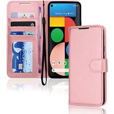 Gold Wallet Cases TechGear Rose Gold Pixel 4a 5G Wallet Case, Flip Protective Cover with Card Holder, Stand and Wrist Strap PU Leather with Magnetic Closure For Google Pixel 4a 5G