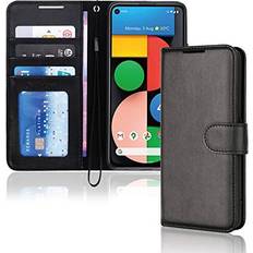 Google Pixel 4a Wallet Cases TechGear Black Pixel 4a 5G Wallet Case, Flip Protective Cover with Card Holder, Stand and Wrist Strap PU Leather with Magnetic Closure For Google Pixel 4a 5G
