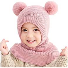 Toddler Girls Winter Warm Hat Scarf Baby Fleece Earflap Beanies with Double Pom Pom Windproof Skiing Cap for 1-5 Years Old Kids Pink