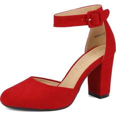 Dream Pairs Womens High Heels Closed Toe Court Shoes Block Ankle Strap - Red/Suede/Angela