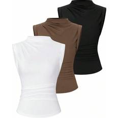 Multifärgade Linnen Shein Women'S Solid Color Stand Collar Pleated Tank Top