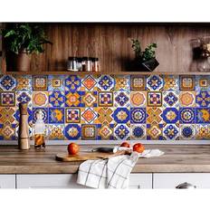 Tiles Homeroots 4" X 4" Blue And Gold Celestial Mosaic Peel And Stick Removable Tiles