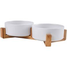 Geni-Store WHITE Pet Bowl Dish With Wood Stand No