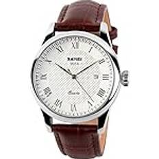 Brand Waterproof Leather Casual Calendar Business Wrist Analog Brown Silver