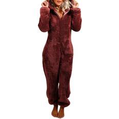 Pajamas MUMUBREAL Womens Fleece Onesies Pajamas Jumpsuit Warm Sherpa Romper Sleepwear One Piece Zipper Hooded Playsuit LoungewearWine Red,S