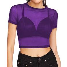 Men - XXL Blouses Buyears Short Sleeve Tops Women Crop Top Mesh Tee Shirt See Through Blouse Crop top_Purple, Medium