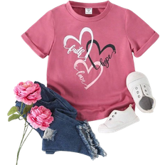 Hearts Tops Shein Kids CHARMNG Girls' Heart Shaped Letter Printed Short Sleeve T-Shirt