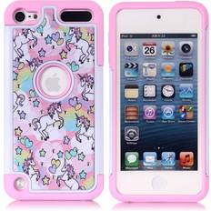 Apple iPod Touch 5,6th Case, iPod 7th Generation Case, Rainbow Unicorn Pattern Shockproof Studded Rhinestone Crystal Bling Hybrid Case Silicone Protective Armor for Apple iPod Touch 5 6th Generation