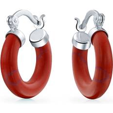 Red Earrings Bling Jewelry Enhanced Gemstone Red Orange Coral Round Tube Hoop Earrings For Women Teen .925 Silver .75 Diameter