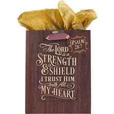 Brown Party Supplies Christian Art Gifts Gold/Wood Gift Bag & Tissue Paper Set The Lord is My Strength Psalm 28:7 Medium