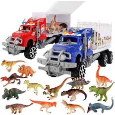 SmartYeen 2-Pack Dinosaur Truck Carriers with 14pcs Dinosaur Toys and Play Mat,Dinosaurs car playset Toys for 3-12 Years Old Boys Girls Kids