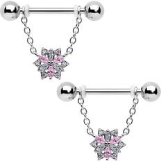 Body Chains Body Candy Gauge 9/16 Pink Clear Cz Gem Snowflake Chain Dangle Nipple Ring Set