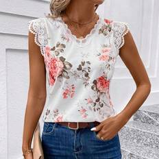 Florals - Women T-shirts Shein Floral Print Lace Patchwork T-Shirt