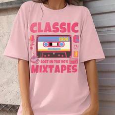 Pink - Women T-shirts Shein Slogan Magnet Print Round Neck Short Sleeve T-Shirt