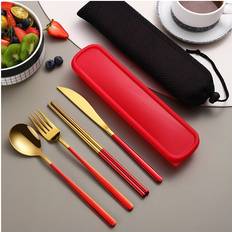 Gold Cutlery Sets KELUOFU Red-Gold 304 Portable Fork Spoon Eco Cutlery Set