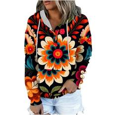 Sweaters DeHolifer DeHolifer Sweatshirts for Women Aztec Hoodies Western Ethnic Style Pullover with Pockets Geometric Printed Button Collar Drawstring Hooded Sweatshirts Long Sleeve Tops Shirts Wine