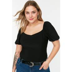 4XL - Mujer Blusas Trendyol Curve Schwarze Strickbluse Mit Herzförmigem Ausschnitt Und Ballonärmeln für Damen