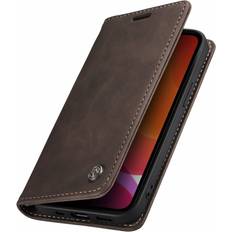 Apple iPhone 13 mini Wallet Cases FoneFunShop Compatible With iPhone 13 Mini Wallet Case in Brown Handmade Leather Magnetic Folio Flip Durable with Kickstand and Cash Card Slots