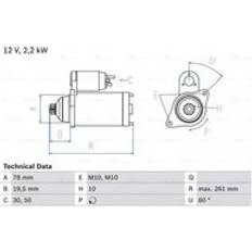 Bosch Starttimoottori 12V 2.2 10 30 Rechts 78 KIA SORENTO 1