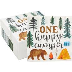 Blue Panda Camping Napkins for 1st Birthday Party Supplies, One Happy Camper 6.5 In, 100 Pack