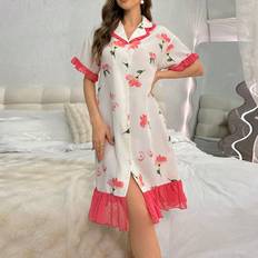 Fabric Nightgowns Shein Women'S Floral Print Contrast Patchwork Ruffle Nightgown