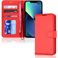 iPhone 13 Leather Wallet Case, Flip Protective Case Cover with Wallet Card Holder, Stand and Wrist Strap Red PU