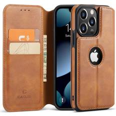 Casus Classic Wallet Case Leather Logo View Card Holder Cover for Apple iPhone 13 Pro Brown