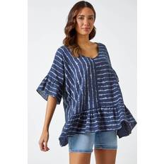 Stripes Blouses Roman Striped Frill Hem Cotton Tunic Top Navy