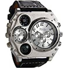 Avaner Avaner Män stort ansikte militär analog kvarts unik cool sportklocka PU läderrem två tidszoner display med dekorativ kompass termometer urtavla, C-silver, armband