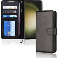 Samsung Galaxy S23 Ultra Wallet Cases TechGear Black Samsung Galaxy S23 Ultra Leather Wallet Case, Flip Protective Cover with Wallet Card Holder, Stand and Wrist Strap PU Leather with Magnetic Closure