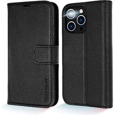 Apple iPhone 14 Pro Max Wallet Cases TechGear Black Wallet Case for iPhone 14 Pro Max, Genuine Leather Magnetic Flip [RFID Blocking] Case with Shockproof TPU, Card Slots, Stand Folio Cover