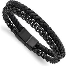 Leather - Men Bracelets Private Label Men's Polished Stainless Steel and Leather Bracelet