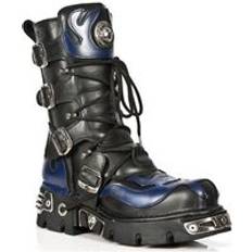 New Rock Shoes New Rock Unisex Black/Blue Leather Gothic Biker Skull Boots-107-C5