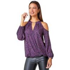 Purple - Women Blouses Roman Animal Print Cold Shoulder Stretch Top Purple