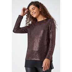 Bronze - Women Clothing Roman Sequin Chiffon Hem Stretch Top Bronze