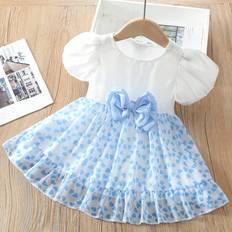 Shein Baby Girl'S Blue Heart Pattern Chiffon Dress