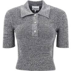 Viskose Poloshirts Ganni Grey Melange Rib Polo in Black Elastane/Polyamide/Rayon Women's Black