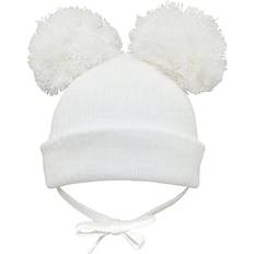 Baby Double Pom Pom Hat with Chin Strap Boy Girl Bobble Beanie Fleece Lined Newborn to Months White, 0-3