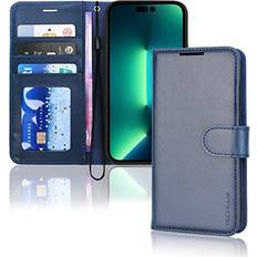 TechGear Blue Apple iPhone 14 Pro Max Leather Wallet Case, Flip Protective Cover with Wallet Card Holder, Stand and Wrist Strap PU Leather with Magnetic Closure