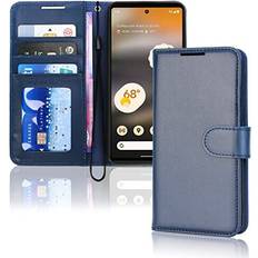 Google Pixel 6a Wallet Cases TechGear Blue Pixel 6a Wallet Case, Flip Protective Cover with Card Holder, Stand and Wrist Strap PU Leather with Magnetic Closure For Google Pixel 6a