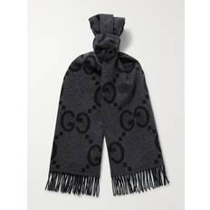 Gucci Tøj Gucci Fringed Logo-Jacquard Cashmere Scarf Men Gray