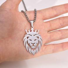 Shein Fashionable Simple Silver Stainless Steel Hollow Out Lion Head Pendant Necklace Crown Suitable For Men'S Daily Wear, As Gift For Men