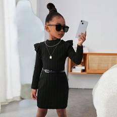 Black - Girls Dresses Children's Clothing Shein Young Girl Ruffle Trim Mock Neck Dress Without Belt